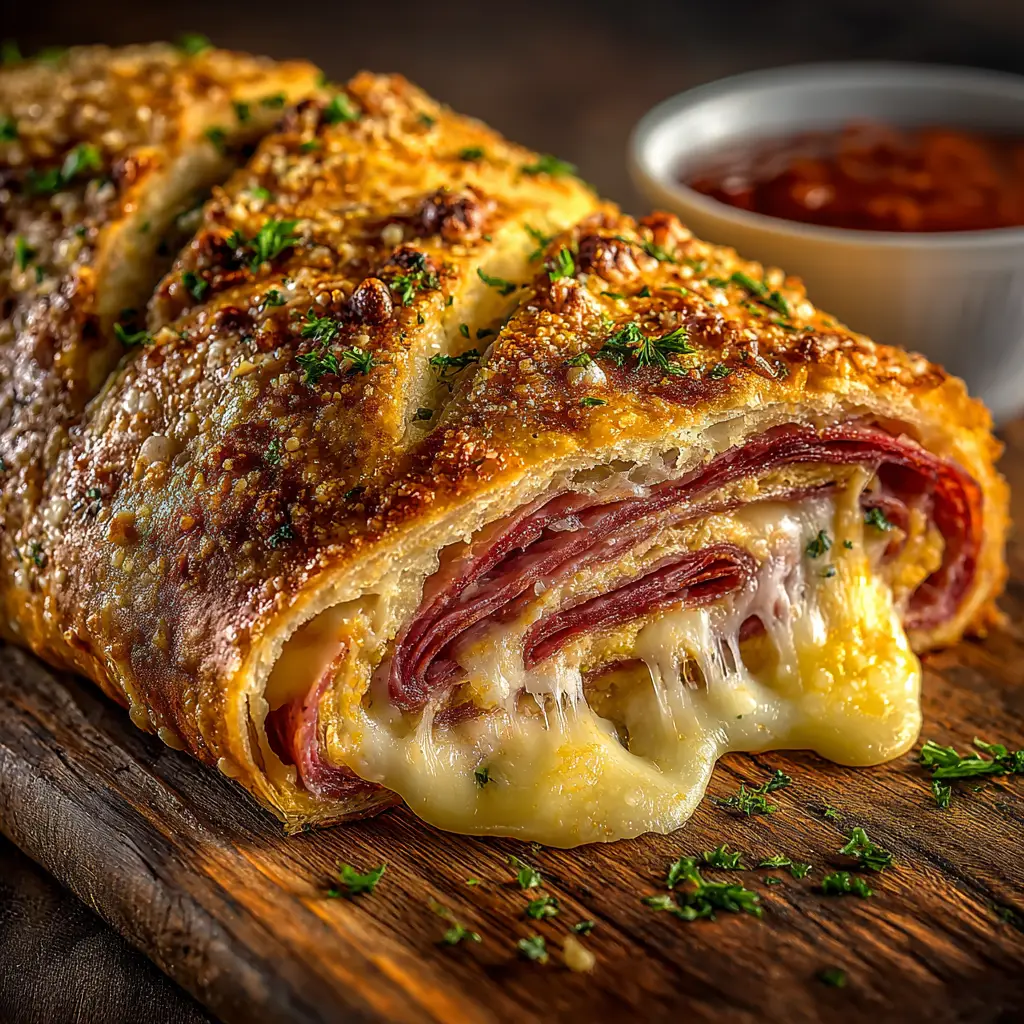 Pizza dough rolled out into a rectangle and topped with layers of provolone cheese, mozzarella, pepperoni, and salami before being rolled into a stromboli.
