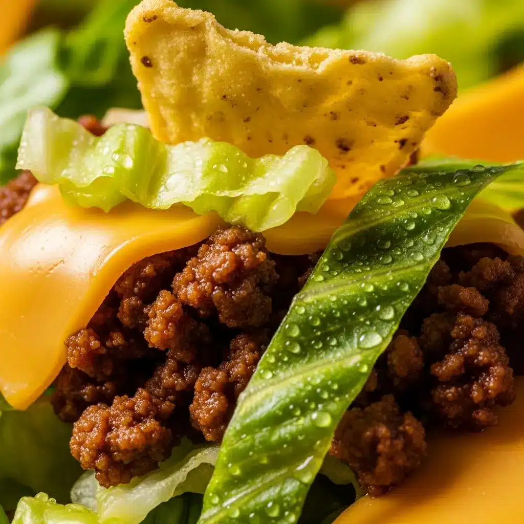 Taco Salad Recipe (The Ultimate Crowd-Pleaser) 3 A close-up, detailed shot of a taco salad recipe, showing seasoned ground beef, melted cheddar cheese, lettuce, and a crushed chip.