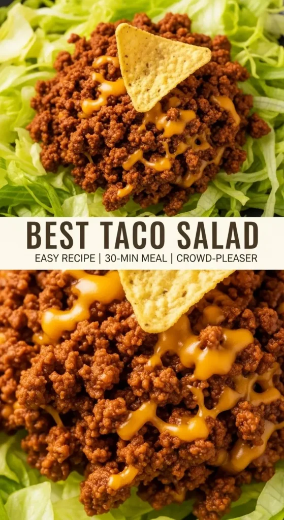 Taco Salad Recipe (The Ultimate Crowd-Pleaser) 2 A visually striking Pinterest pin for an easy taco salad recipe. The image is a close-up on the textures of the ground beef and cheese, with a text overlay.