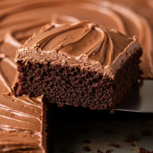 A close-up corner slice of a Texas sheet cake on a spatula, showing the moist crumb and fudgy, glossy frosting.