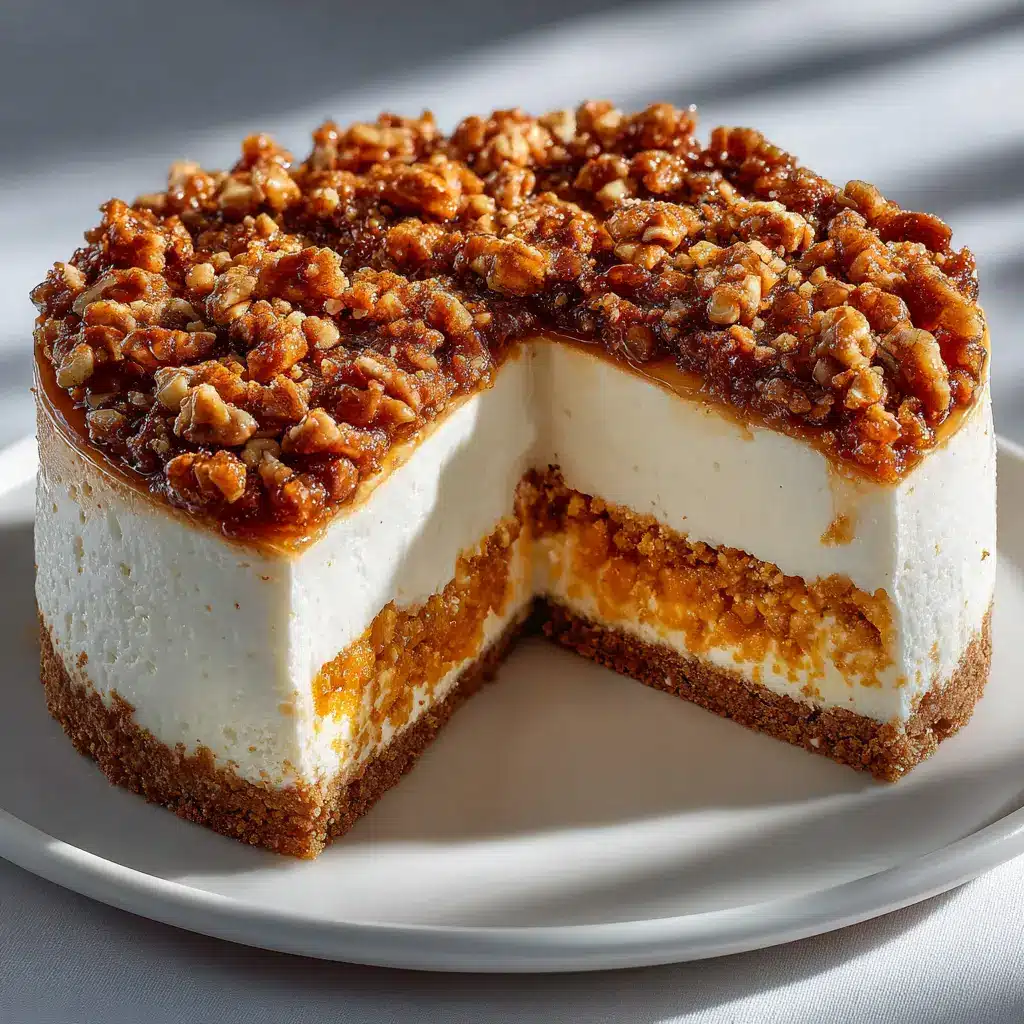 A top-down view of the whole carrot cake cheesecake, decorated with swirls of cream cheese frosting and chopped pecans.