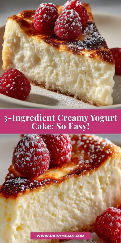 A tall, beautiful pin image showing a slice of 3-ingredient yogurt cake on a plate, with text overlay describing the easy and delicious recipe.