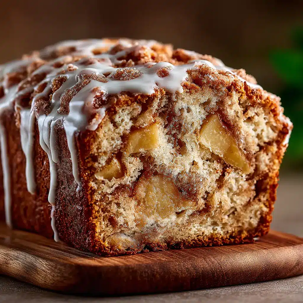 A full loaf of freshly baked apple cinnamon bread on a wooden board, ready to be sliced.
