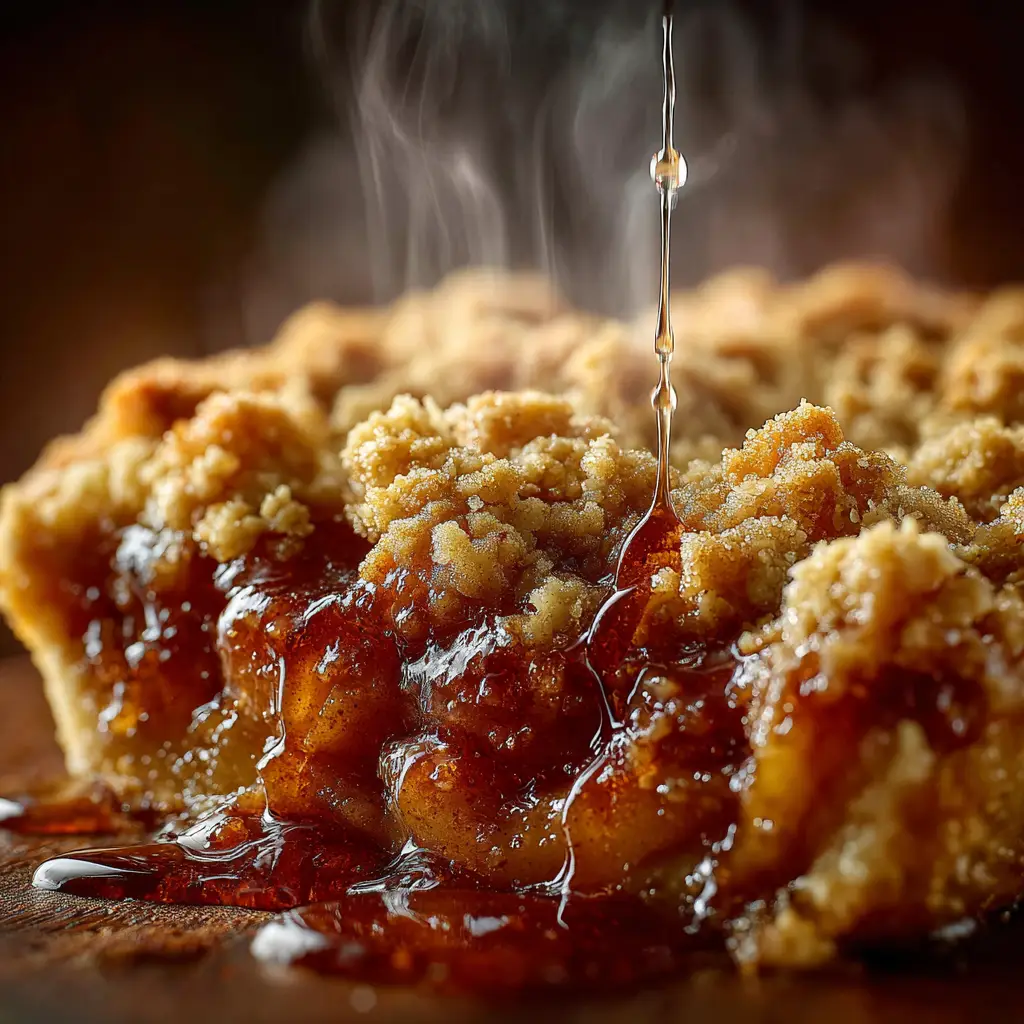 A close-up macro shot of the golden brown, crunchy oat topping on an old-fashioned apple crisp.