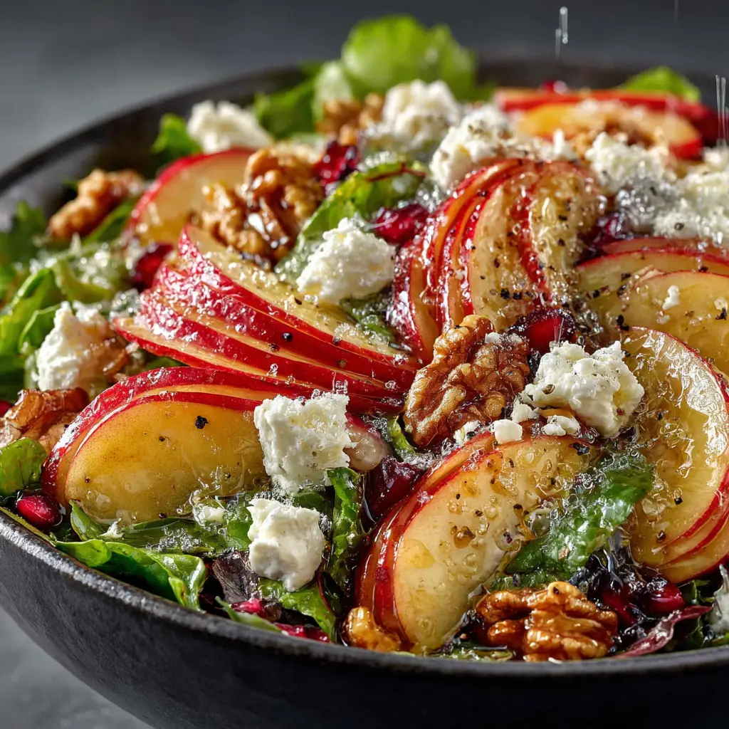 Apple Feta Salad with a Zesty Honey Vinaigrette 2 A beautiful Apple Feta Salad being tossed in a large glass bowl, showcasing the fresh spinach, red apple slices, and chunks of feta cheese.