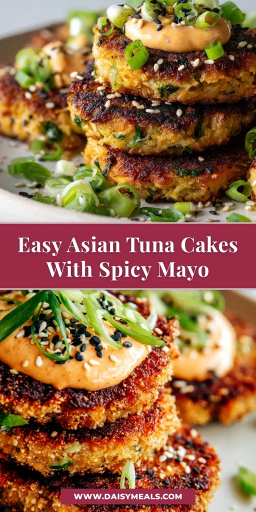 A stack of crispy, golden-brown Asian tuna cakes served on a white plate with a side of dipping sauce and garnished with fresh cilantro and lime wedges.