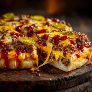 The process of assembling a homemade cheeseburger pizza, with special sauce being spread on the dough before toppings are added.