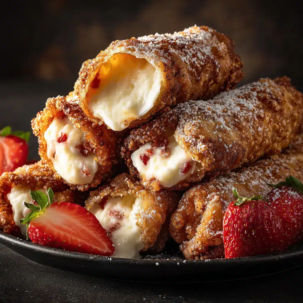 The process of filling and rolling egg roll wrappers with a sweet cream cheese mixture before frying.