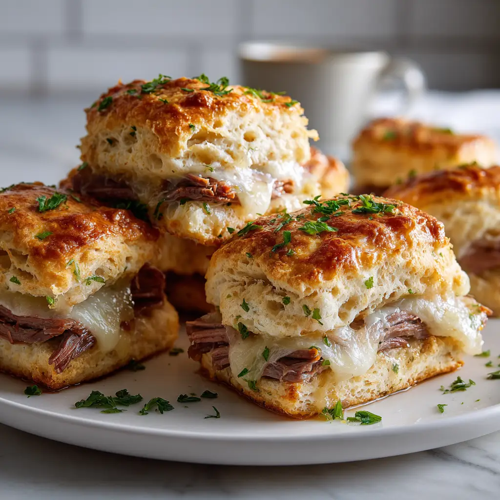 A close-up shot of French Dip Biscuits being assembled, showing roast beef and provolone cheese on flattened biscuit dough before sealing.