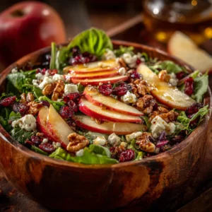 A close-up shot of the Autumn Harvest Salad being tossed with maple-dijon vinaigrette in a large bowl.