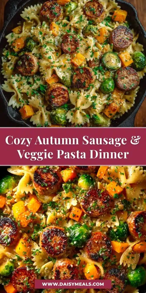 Autumn Pasta with Butternut Squash and Sage 3 A large white bowl filled with creamy Autumn Pasta with butternut squash, sausage, and sage. The perfect cozy fall dinner recipe.