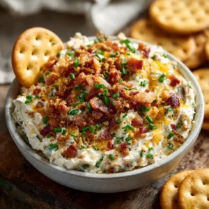 A close-up view of the creamy texture of the bacon cheddar ranch dip, showing bits of bacon and green onion mixed in.