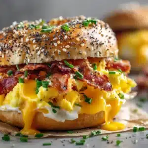 A close-up view of a bagel egg sandwich, showing the fluffy texture of the cooked egg and melted cheese.
