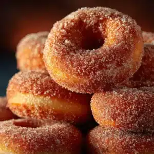 A close-up shot of a baked apple cider donut showing its fluffy cake texture and cinnamon sugar coating.