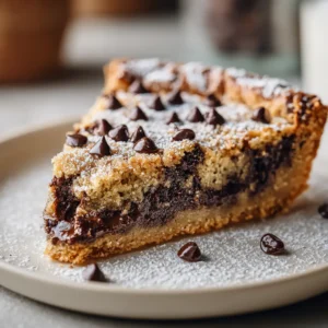 An extreme close-up of a perfectly baked, thick chocolate chip cookie pie, showcasing the golden-brown top and pools of melted chocolate.