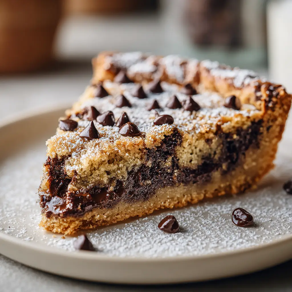 Chocolate Chip Cookie Pie: The Ultimate Gooey Dessert 2 An extreme close-up of a perfectly baked, thick chocolate chip cookie pie, showcasing the golden-brown top and pools of melted chocolate.