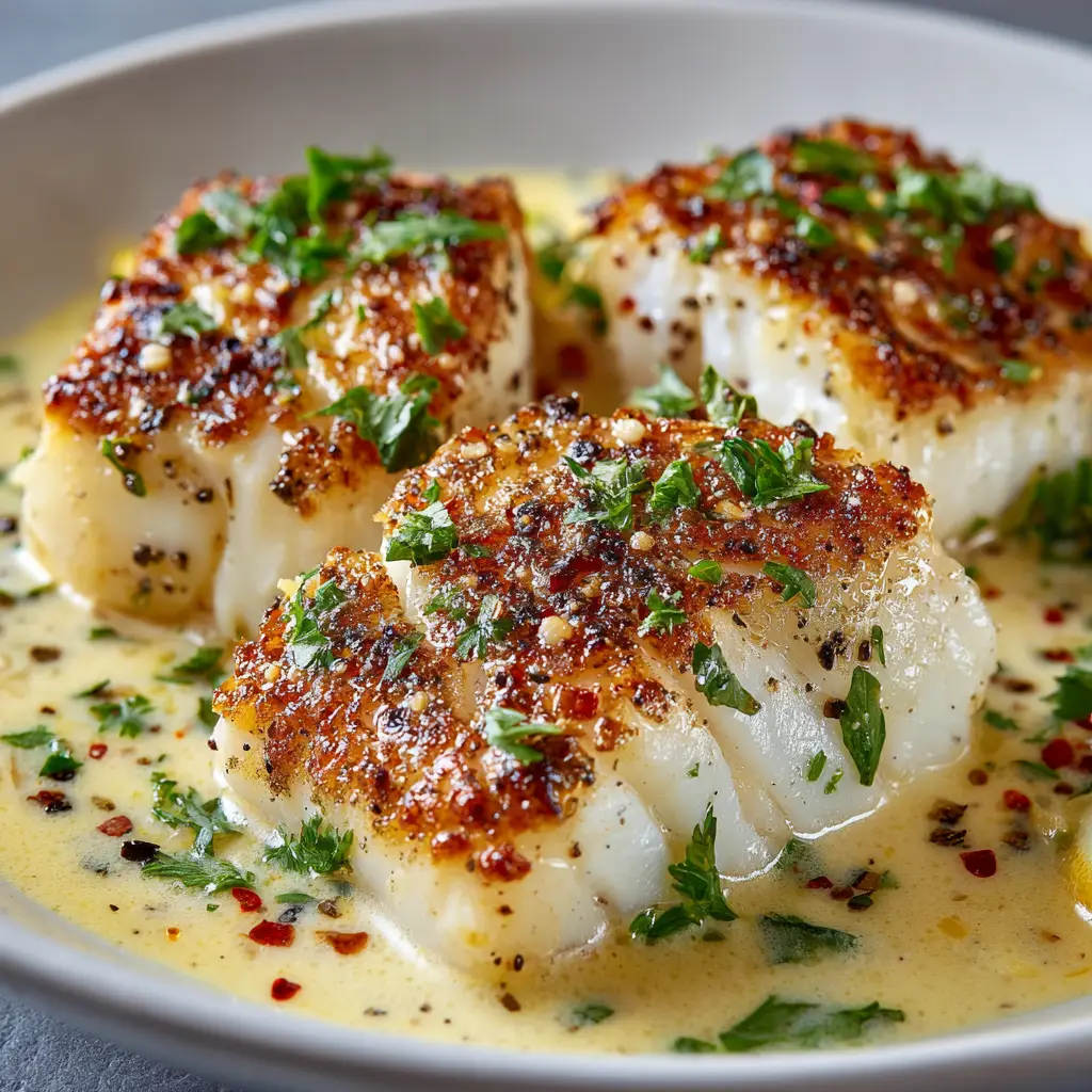 A serving of creamy baked cod on a plate with a side of rice, showing how the coconut lemon sauce coats the fish and grains.