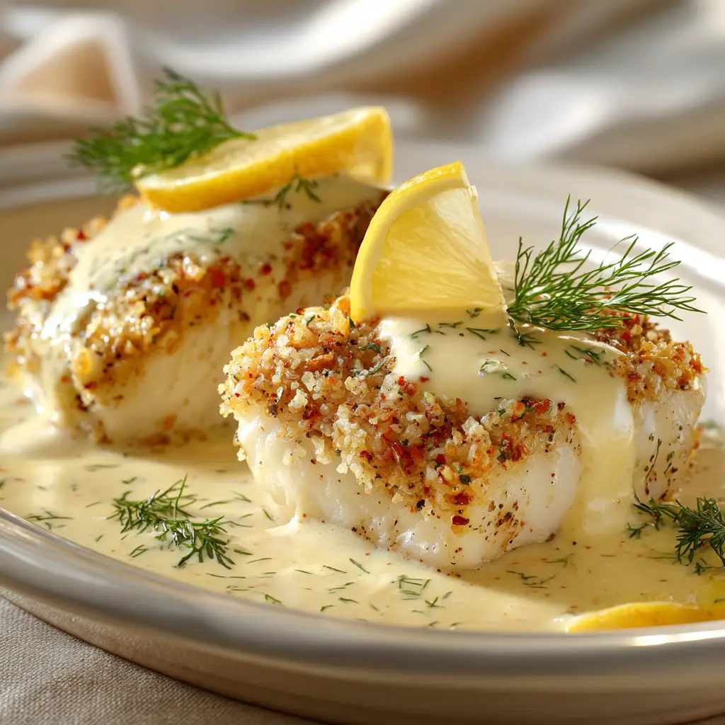 Baked Cod with Lemon-Dill Sauce (The Ultimate Weeknight Recipe) 1 A serving of the baked cod with lemon-dill sauce on a white plate, paired with roasted asparagus and a lemon wedge for a complete healthy meal.