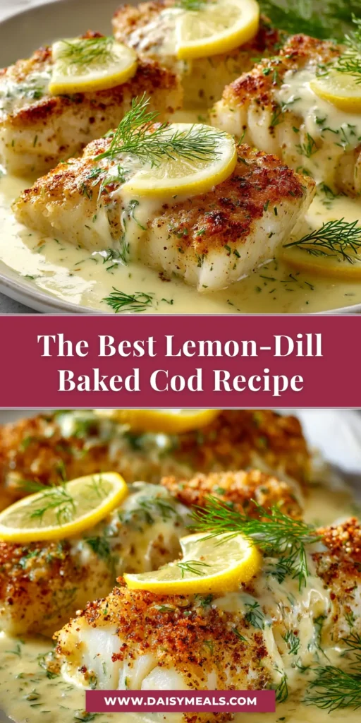 Baked Cod with Lemon-Dill Sauce (The Ultimate Weeknight Recipe) 3 A beautiful platter of Baked Cod with Lemon-Dill Sauce, garnished with fresh lemon slices and dill sprigs. The cod is perfectly flaky and white, showing off its moist texture.