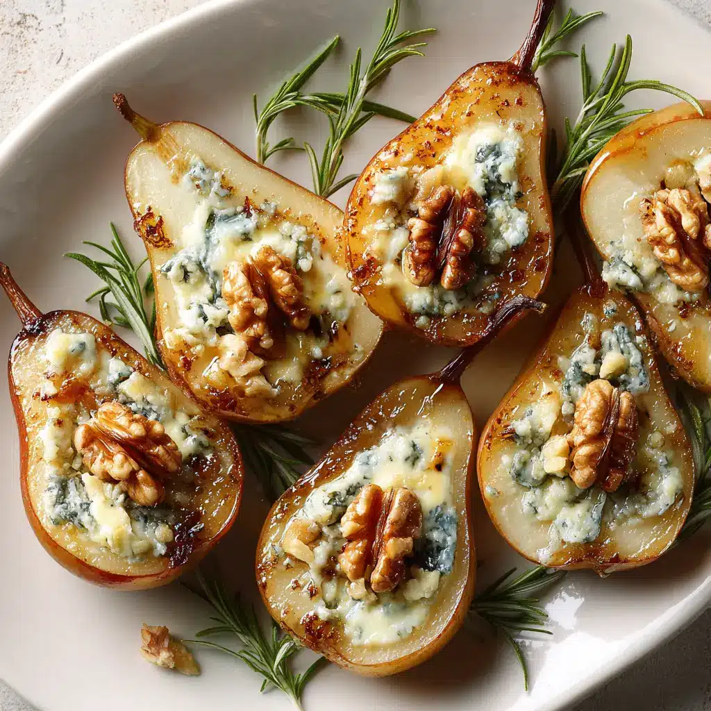 A side view of a baked stuffed pear appetizer, showing the tender fruit and savory blue cheese filling.