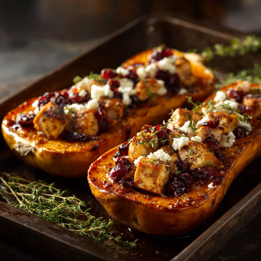 A final shot of the baked stuffed butternut squash, with a golden-brown top, ready to eat.