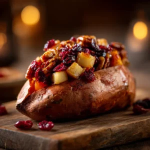 A close-up shot of a perfectly roasted stuffed sweet potato, showing the fluffy texture of the inside and the savory black bean filling.