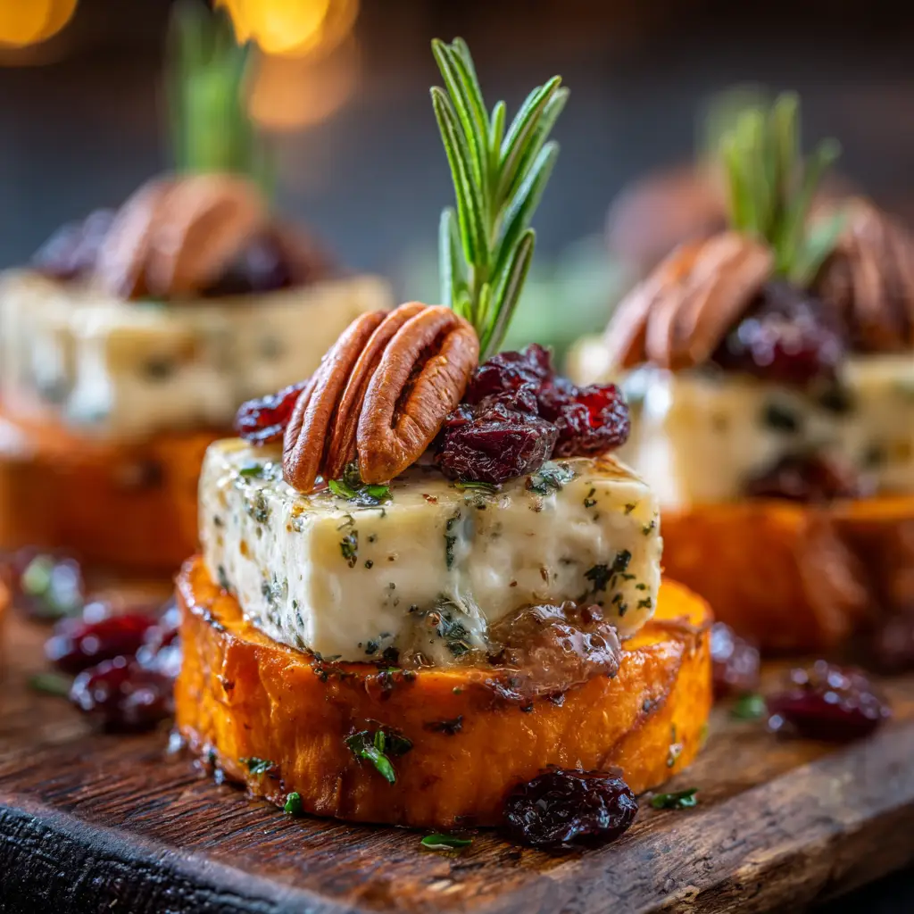 An extreme close-up of a savory sweet potato appetizer round topped with crumbled bacon and fresh chives.