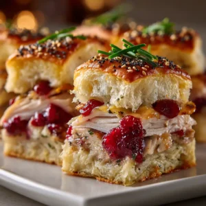An extreme close-up shot of a baked turkey and cranberry slider, showcasing the melted cheese and savory topping.
