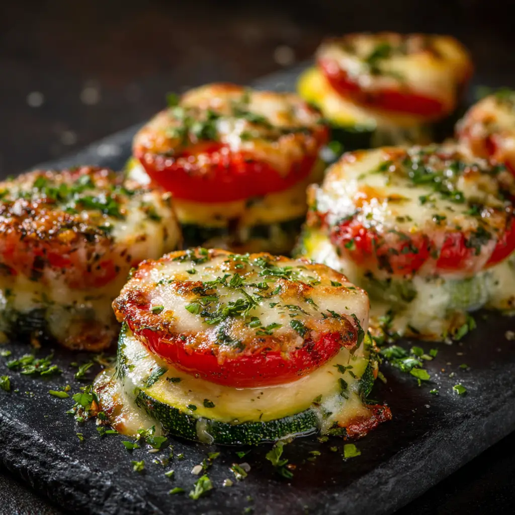 A top-down view of baked zucchini rounds with tomato and cheese. This image shows the texture and color of the finished zucchini appetizer.