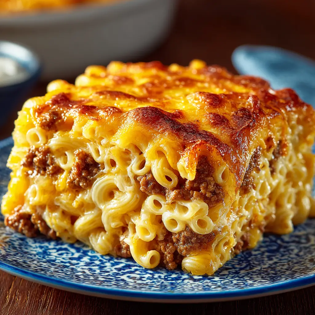 The ground beef and noodle mixture being combined in a skillet before being baked into a delicious beef noodle casserole.