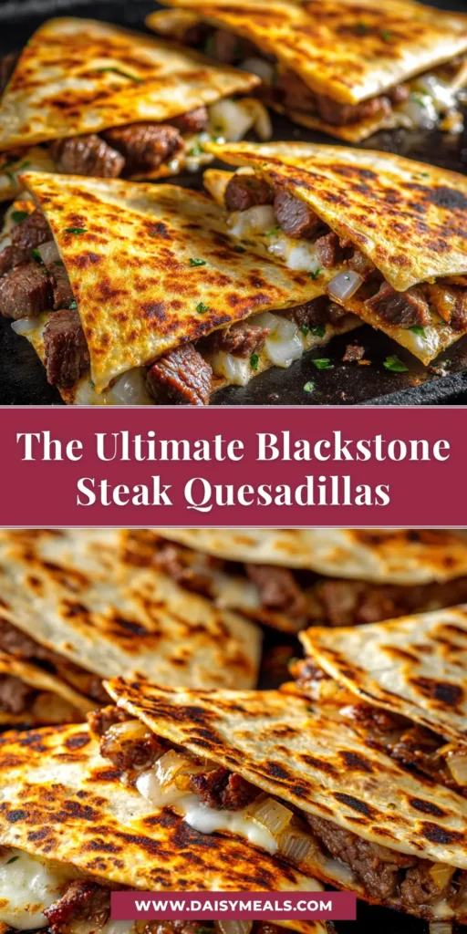 A platter of delicious Blackstone Steak Quesadillas cut into wedges and served with sour cream and salsa. The quesadillas are golden brown and filled with steak and cheese.