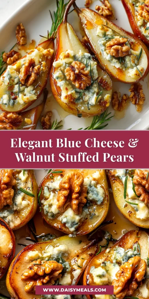 A platter of delicious Blue Cheese Stuffed Pears, baked until golden and garnished with fresh herbs. An easy and elegant appetizer recipe.