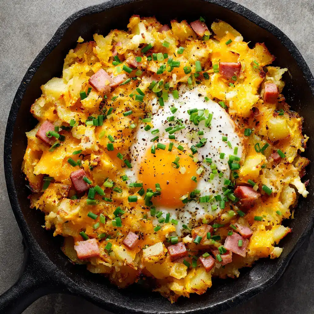 An overhead view of the finished breakfast potato scramble in a skillet, showcasing the crispy potatoes and cheesy eggs.