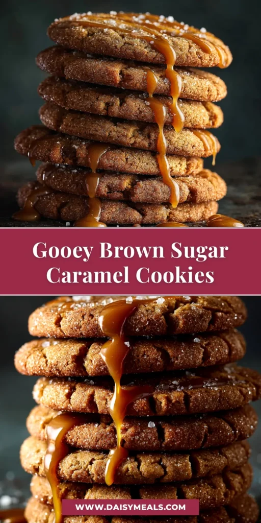 Brown Sugar Caramel Cookies (The Ultimate Chewy Recipe) 4 A close-up shot of chewy Brown Sugar Caramel Cookies stacked on a plate, with one broken in half to show the gooey caramel center.