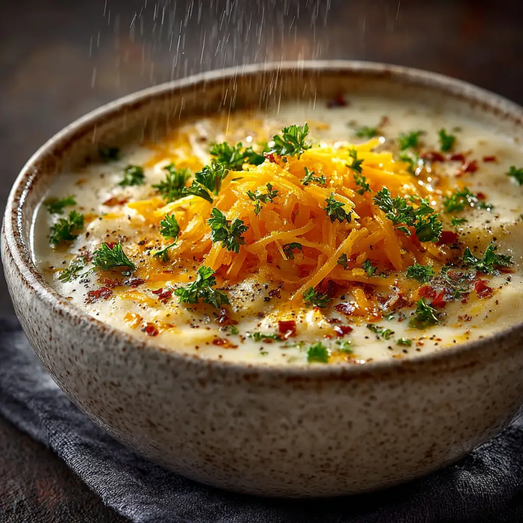 An extreme close-up of cheddar potato soup in a rustic white bowl, highlighting the creamy texture and chunks of potato.
