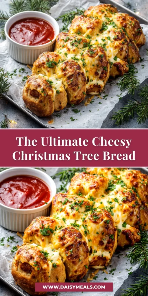 An overhead shot of a perfectly baked Cheesy Christmas Tree Bread, golden brown and ready to be shared as a festive holiday appetizer.