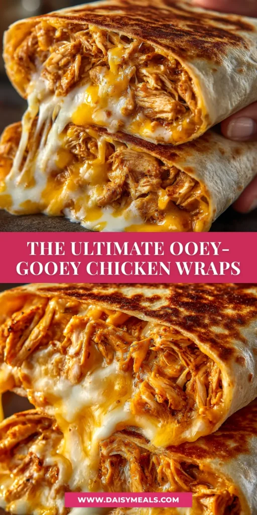 Cheesy Garlic Chicken Wraps: The Ultimate 30-Minute Meal 3 A close-up of cheesy garlic chicken wraps sliced in half to show the creamy, cheesy chicken filling inside. The wraps are golden brown and crispy.
