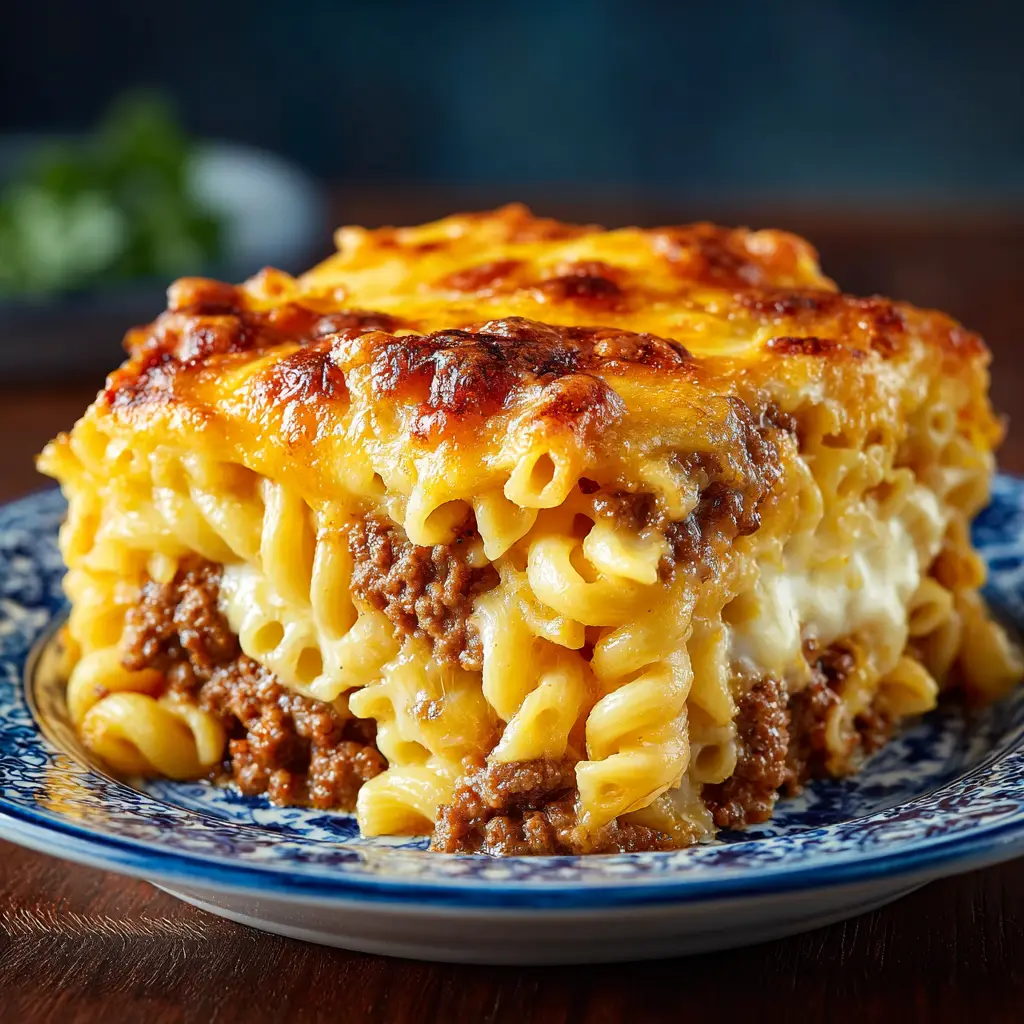 A single serving of cheesy hamburger casserole on a white plate, showing the layers of beef, noodles, and melted cheese.