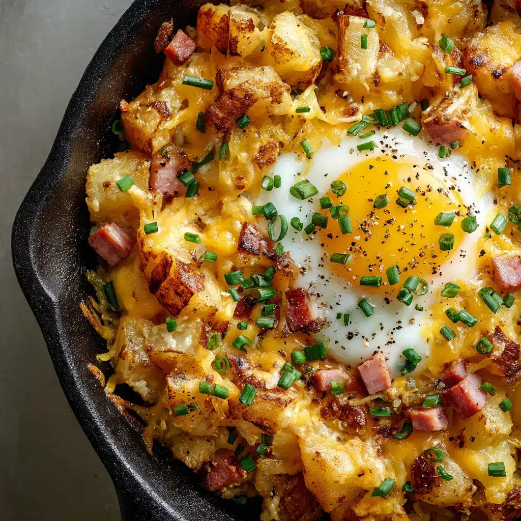 A top-down extreme close-up shot of the cheesy potato egg scramble, showing the melted cheese and fluffy eggs.