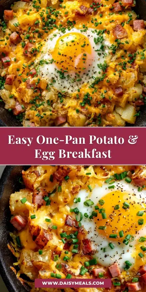 A delicious Cheesy Potato Egg Scramble in a cast iron skillet, garnished with fresh chives. The perfect hearty breakfast recipe.