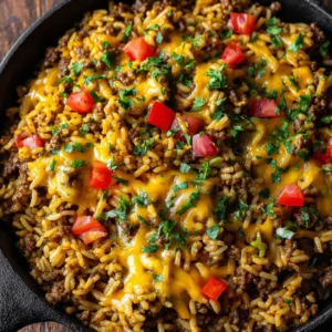 An extreme close-up overhead shot of cheesy taco rice with ground beef, showing the texture of the melted cheese and seasoned rice.