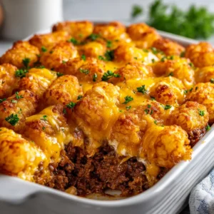 A close-up shot of a golden-brown Tater Tot Casserole fresh from the oven. The cheesy ground beef casserole is bubbling underneath.