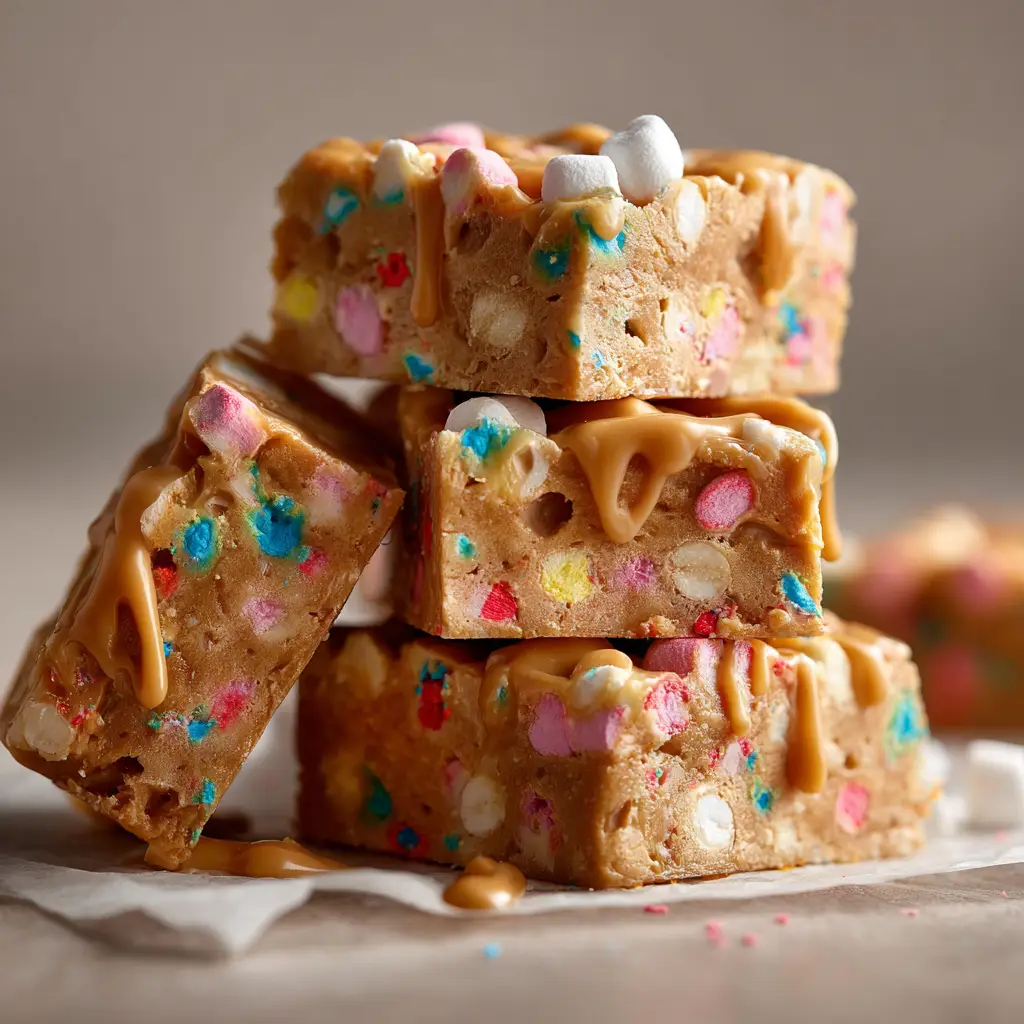 A close-up view of a single peanut butter marshmallow square, highlighting the chewy texture and pockets of melted marshmallow.