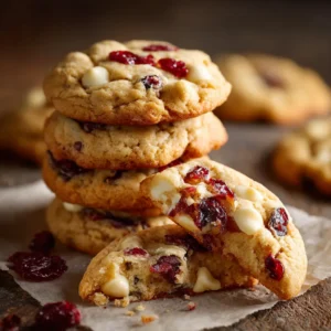 A close-up shot of chewy white chocolate cranberry cookies stacked on a wire cooling rack, showing their soft centers and golden edges.