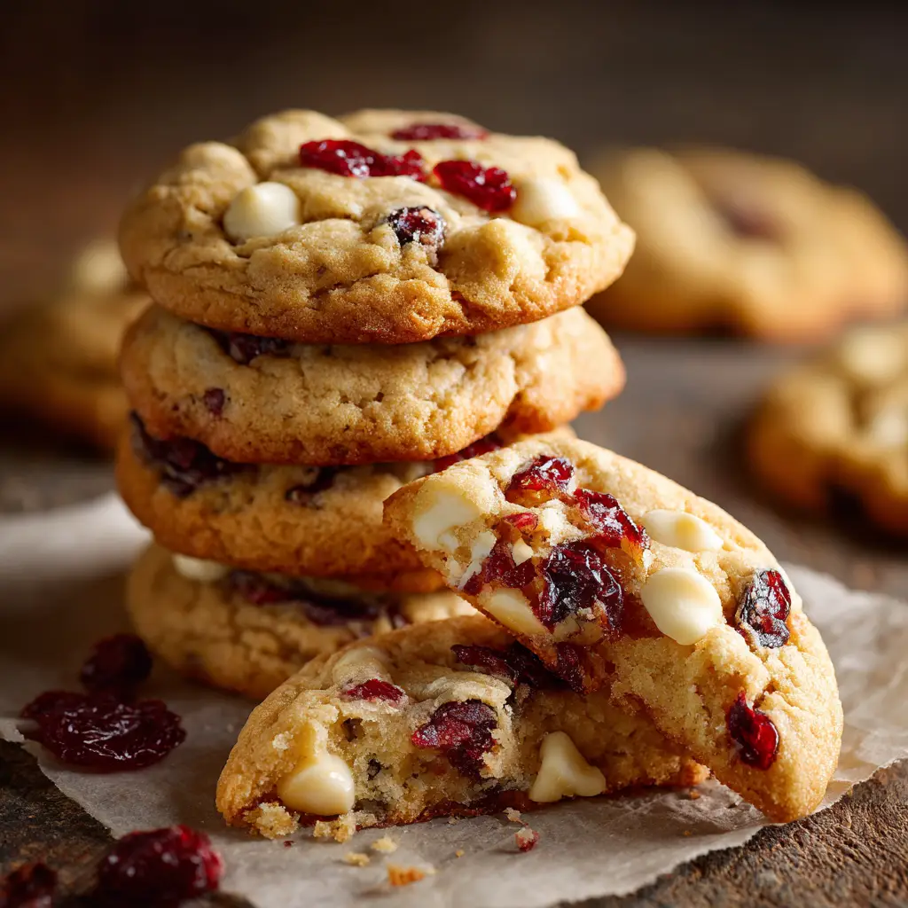 A close-up shot of chewy white chocolate cranberry cookies stacked on a wire cooling rack, showing their soft centers and golden edges.