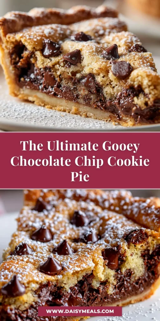Chocolate Chip Cookie Pie: The Ultimate Gooey Dessert 4 A delicious, gooey slice of chocolate chip cookie pie being lifted from a pie dish, with melted chocolate stretching from the slice. The perfect easy dessert recipe.