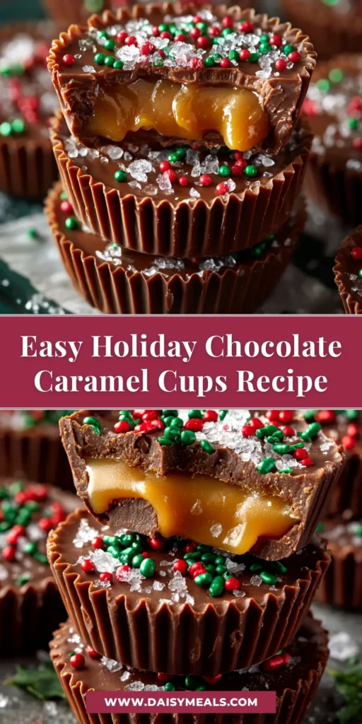 Christmas Chocolate Caramel Cups (Easy No-Bake Recipe!) 3 A festive overhead shot of Christmas Chocolate Caramel Cups arranged on a holiday platter, ready to be shared.