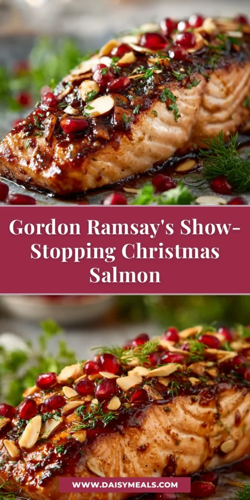 A beautiful Christmas Salmon with a festive cranberry-herb glaze, garnished with fresh rosemary and orange slices on a serving platter. The perfect holiday main course.