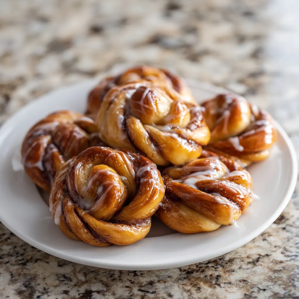 A batch of homemade cinnamon knots rising on a baking sheet before going into the oven, a key step in this recipe.
