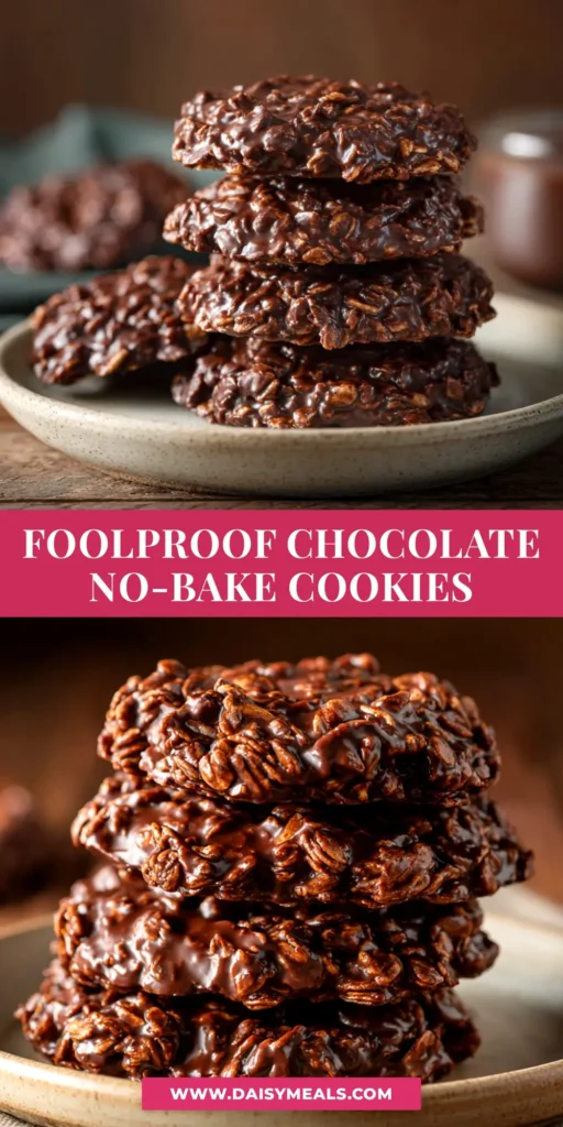 A close-up shot of classic chocolate and peanut butter no-bake cookies stacked on a white plate, ready to be eaten.